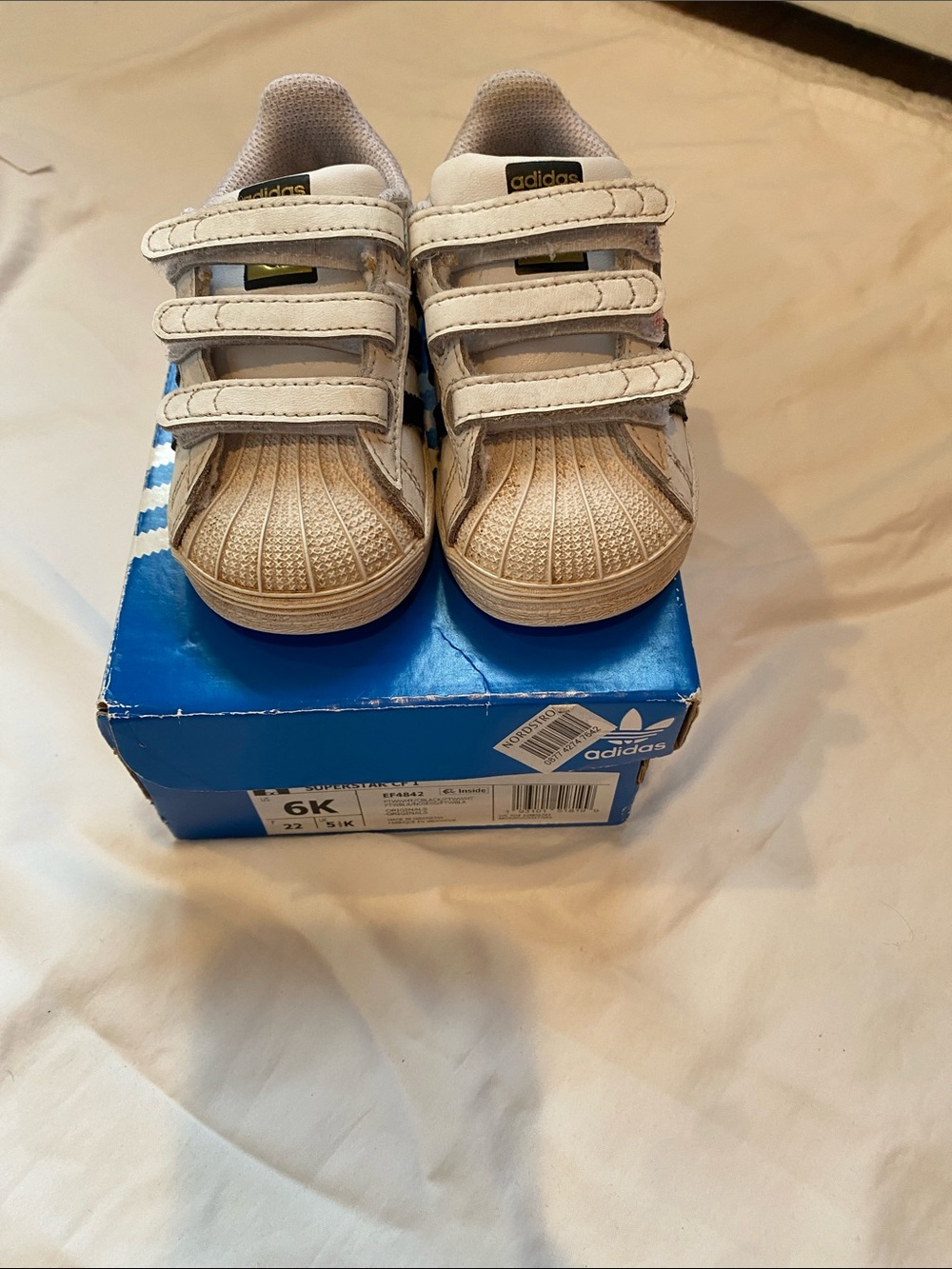 adidas Kids Shell-Toe Velcro Sneakers in Off-White with Gold Logo